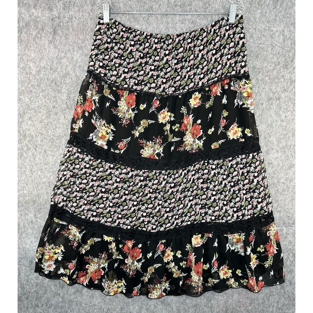 Notations Maxi Skirt Black Floral Tiered Lace Lined Whimsigoth Size PL